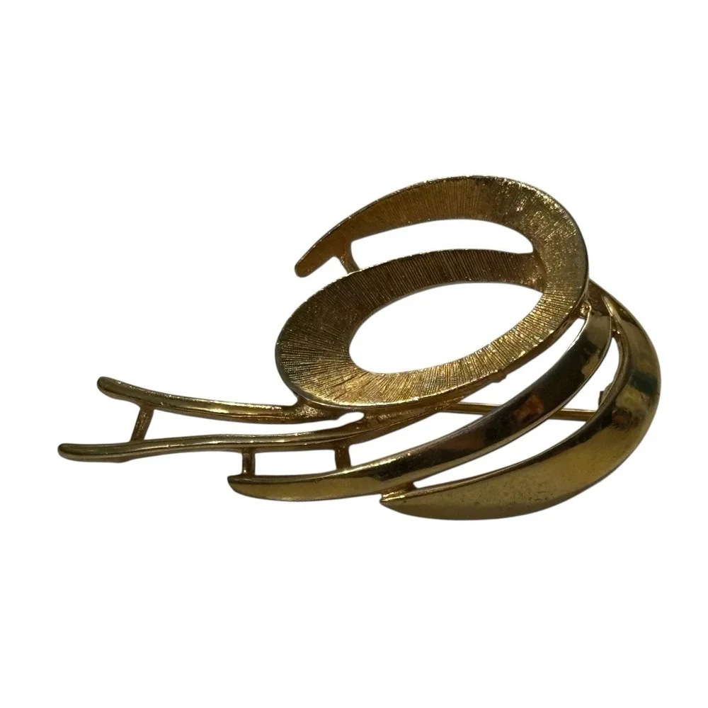Vintage‎ Coro Brooch Pin Gold Tone Abstract Brushed Polished Swirl Modernist MCM